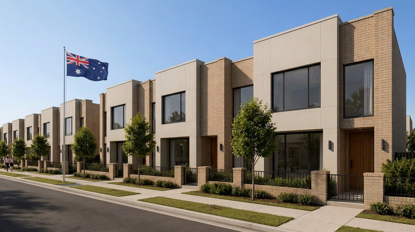 Street view of the Front Row Homes terrace project with an Australian flag flying beside a row of modern modular terrace homes in daylight